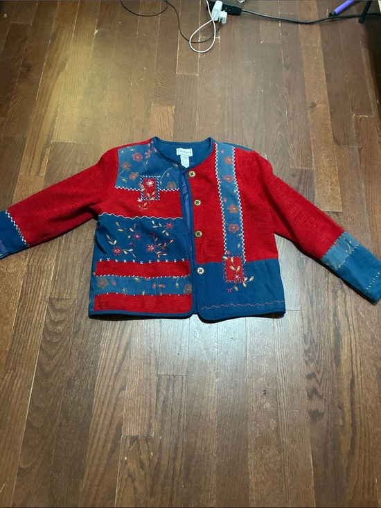 Napa Valley Jackets & Blazers - Red & Blue Patchwork Blazer with Floral Embroidery